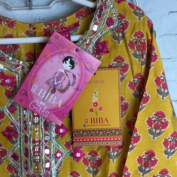 BIBA Girls NWT Yellow Poly Viscose Straight Printed Kurta Sharara Set 8-9 Formal - Picture 9 of 15